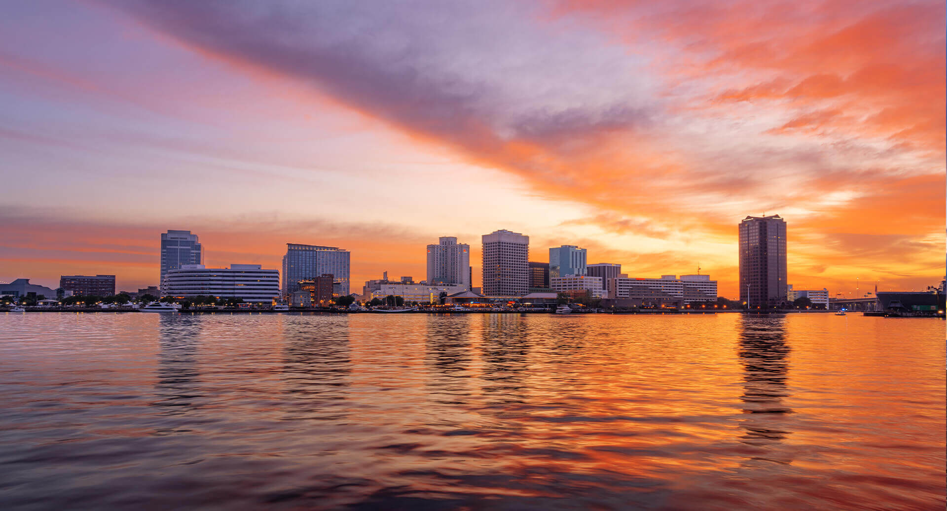 View of skyline Norfolk, VA from water